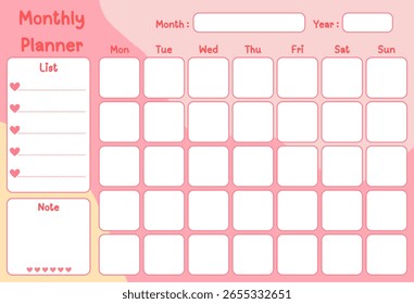 Monthly planner template with place for notes. Printable vector illustration in moden abstract style.