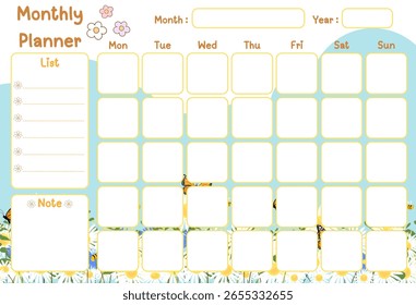 Monthly planner template with place for notes. Printable vector illustration in moden abstract style.