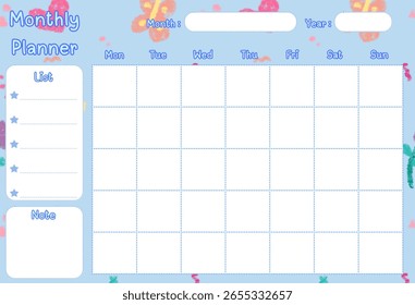 Monthly planner template with place for notes. Printable vector illustration in moden abstract style.
