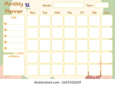 Monthly planner template with place for notes. Printable vector illustration in moden abstract style.