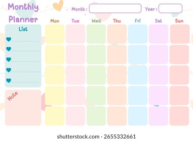Monthly planner template with place for notes. Printable vector illustration in moden abstract style.