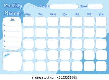 Monthly planner template with place for notes. Printable vector illustration in moden abstract style.
