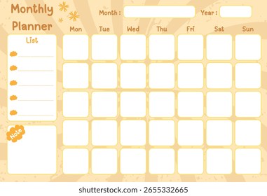Monthly planner template with place for notes. Printable vector illustration in moden abstract style.