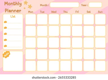 Monthly planner template with place for notes. Printable vector illustration in moden abstract style.