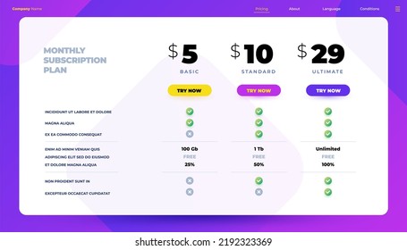 Monthly Subscription. Price Table And Product Feature Comparison Infographic Template, Pricing Table Infographic.  Design Template. Illustration Of Comparison Price Standard