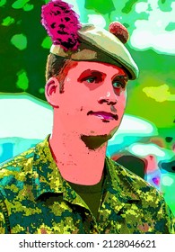 MONTREAL CANADA 08 03 2014: Soldier Of The Black Watch Royal Highland Regiment Of Canada Is A Reserve Infantry Regiment In 2nd Canadian Division Of The Canadian Army Sign Illustration Pop-art 