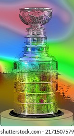 MONTREAL CANADA 11 19 17: Pop art Stanley cup for 100th anniversary of National Hockey League (NHL) and Montreal Canadiens events where the NHL was founded at the Windsor Hotel in 1917
