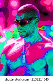 MONTREAL QUEBEC CANADA 08 16 1998: Young Nice Good Looking Black Gay Man. Pop Art Retro Sign Illustration Background Icon With Color Spots