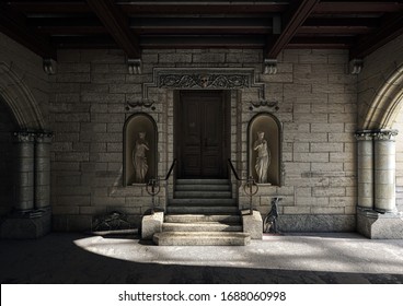 Monumental entrance with ancient wooden gothic doorway with sculptures, 3d rendering, 3d illustration