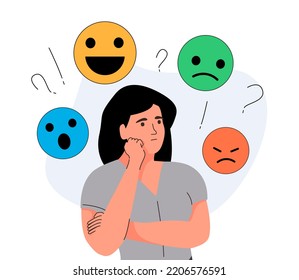 Mood Swing Concept. Many Emotions Surround Young Female With Bipolar Disorder. Woman Suffers From Hormonal With A Change In Mood. Mental Health  Illustration. Suffering From Bipolar Disorder