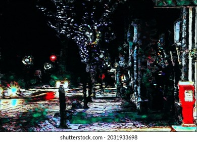 Moody, Stylized Painting Looking Down A Small Town Street At Night Decorated For Christmas With Oncoming Car Headlights On Left, Blue Twinkle Lights In Trees On Right