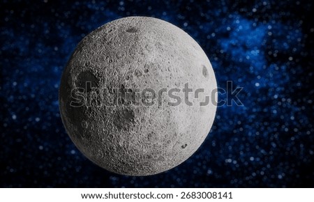 Moon 3d render in space with bluried stars on the background