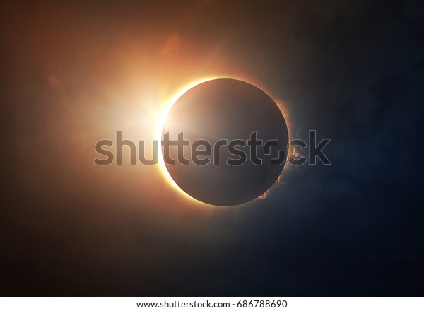 The moon covers the sun in a beautiful solar\
eclipse. Digital\
illustration