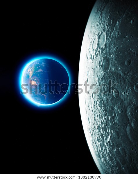 Moon and\
earth seen from space. Lunar surface and earth. The earth seen from\
the moon. 50th anniversary of the lunar landing. Elements of this\
image are furnished by Nasa. 3d\
rendering