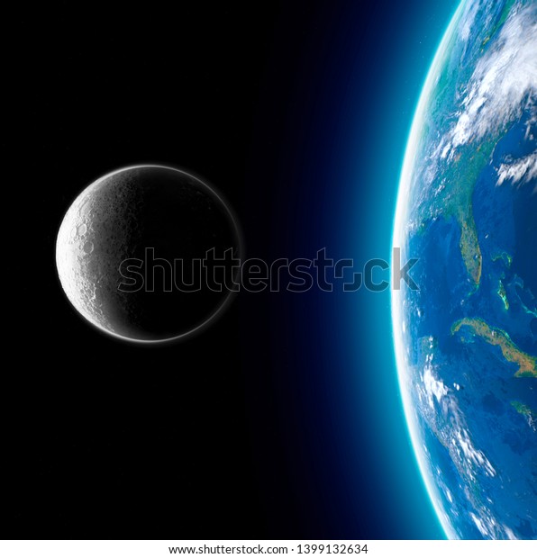 Moon and earth seen from space. Lunar surface and\
earth in the background. The earth seen from the moon. 50th\
anniversary of the lunar landing. Elements of this image are\
furnished by Nasa. 3d\
render