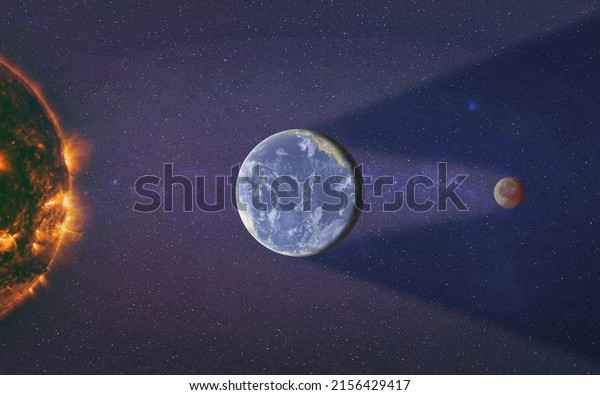 Moon eclipse. Red moon. Sunlight\
shadow between Earth and Moon. 3D rendered\
illustration.