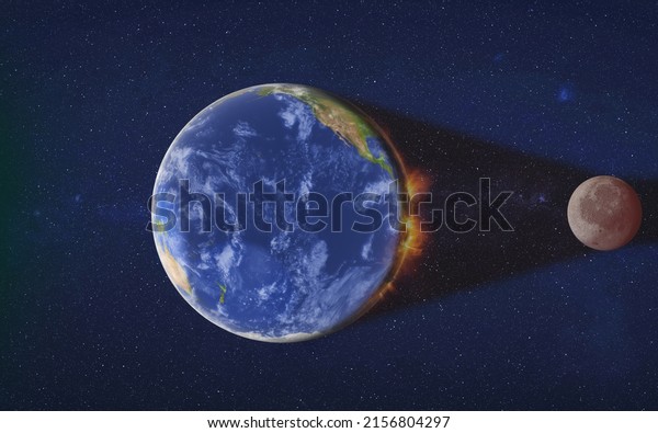 Moon eclipse. Red moon. Sunlight\
shadow between Earth and Moon. 3D rendered\
illustration.
