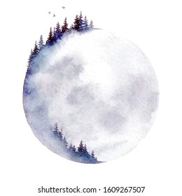 Moon forest. A watercolor illustration isolated on a white background. - Powered by Shutterstock