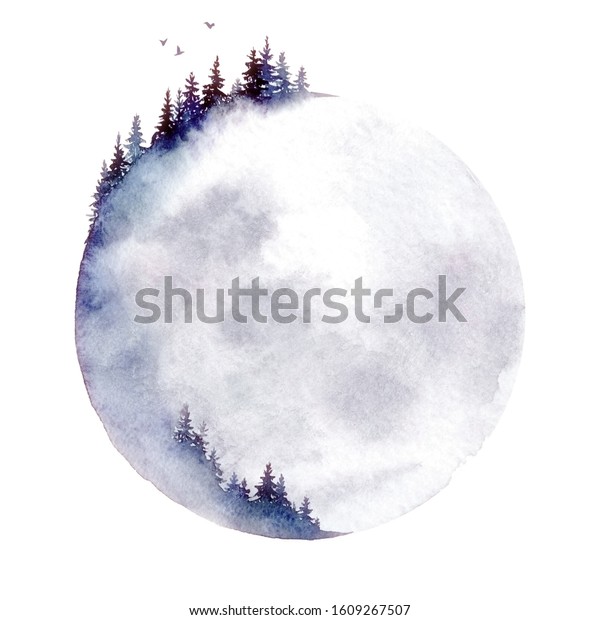 Moon forest. A watercolor illustration\
isolated on a white\
background.