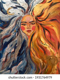 Moon goddess sun goddess flame and ice night and day painting oil acrylic fantasy