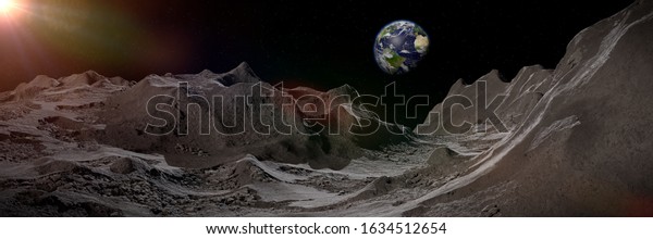 Moon landscape, lunar surface with\
planet Earth on the horizon (3d space illustration\
banner)
