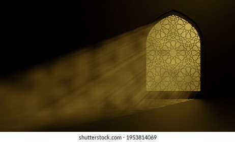 Moon Light Shine Through The Window Into Islamic Mosque Interior. Ramadan Kareem Islamic Background. 3d Render Illustration