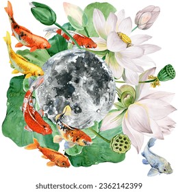 Moon, Lotus flowers, kio fish watercolor composition