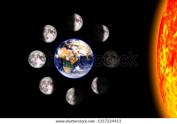 Moon or lunar phases\
poster. Eight steps of the lunar cycle around the Earth. Black\
background. 3d render illustration with no text. Earth surface\
texture provided by\
NASA.