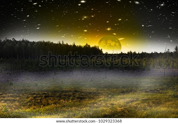 moon and mysterious nocturnal landscapes with space\
part. night open spaces of the East of Europe. Elements of this\
image furnished by\
NASA