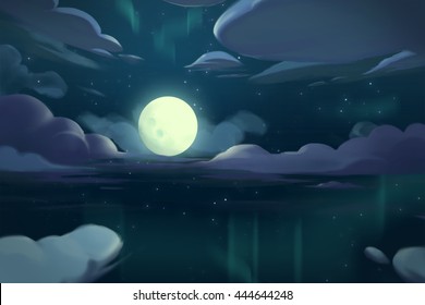 The Moon Night above the Ocean. Video Game Digital CG Artwork, Concept Illustration, Realistic Cartoon Style
