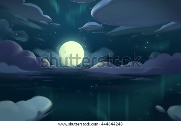 海の上の月の夜 ビデオゲームデジタルcgアートワーク コンセプトイラスト リアルな漫画スタイル のイラスト素材
