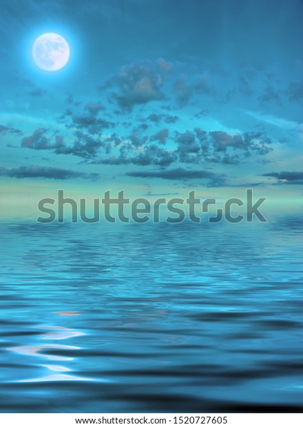 moon night  clouds. lunar\
sky  moon reflection water. Moon сolor liquid. Night scene. 3D\
illustration