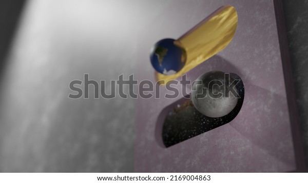 Moon night light off switch\
with blur Earth day light on switch on a concrete wall (3D\
Rendering)