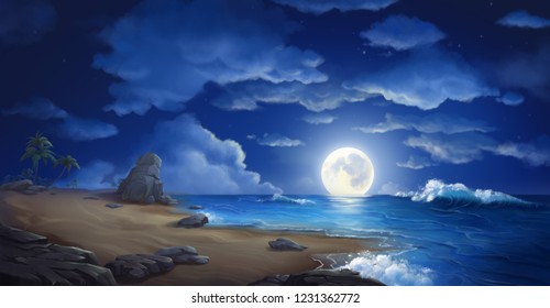 The Moon Night And Sea. Fiction. Concept Art. Realistic Illustration. Video Game Digital CG Artwork. Nature Scenery.