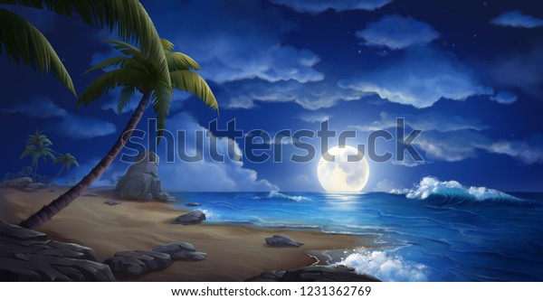 月の夜と海 小説 コンセプトアート リアルイラスト ビデオゲームデジタルcgアートワーク 自然の風景 のイラスト素材