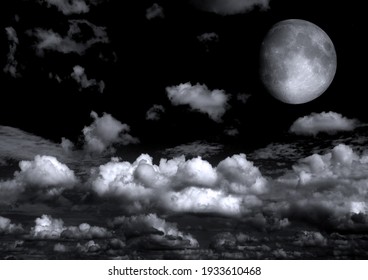 The Moon In The Night Sky In Clouds 3D Illustration