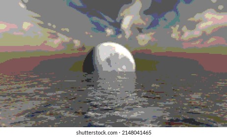 Moon And Ocean 8 Bit. 3d Illustration