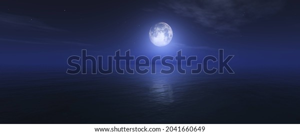 Moon over ocean surface, night seascape with\
moon, 3D rendering