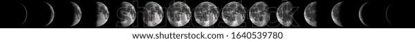 Moon phases in high resolution\
isolated on black background. Lunar satellite 3d\
rendering.\
