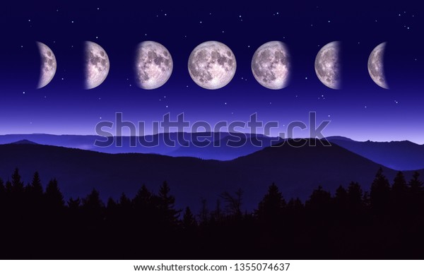 Moon phases\
illustration. Scenic Night landscape of the different phases of the\
moon over a mountain range and\
forest.