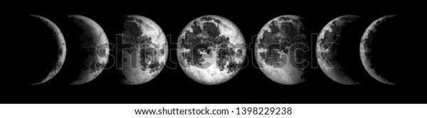 Moon phases isolated on black background.\
Watercolor hand drawn\
illustration.