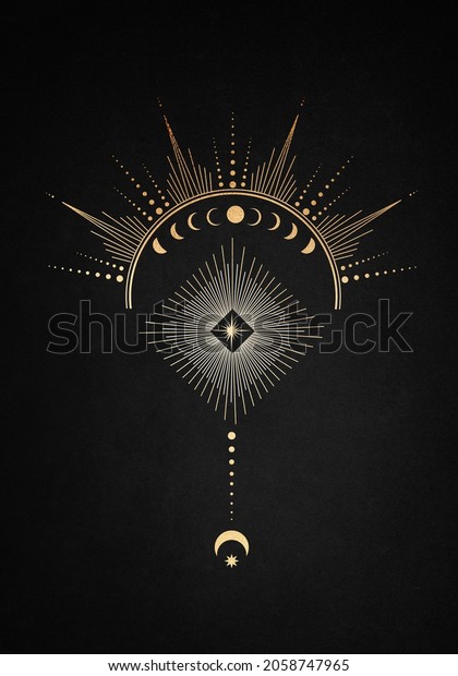 Moon phases. Mysterious moonlight activity\
stages, hand drawn sacred geometry moon, magic astrology symbols,\
phases of moon illustration. Mystic golden lunar phases on dark\
background