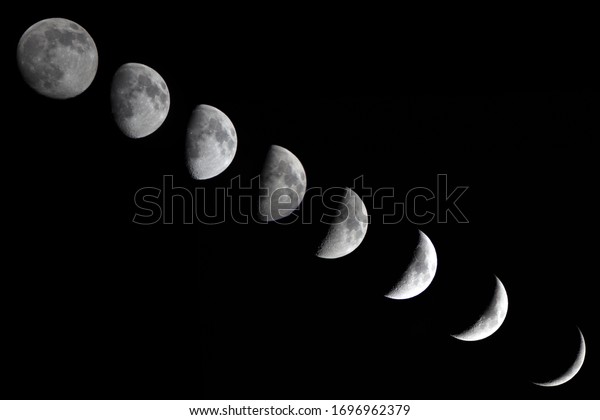 Moon phases on black background. Full moon, half moon,
quarter moon. 