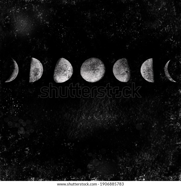 Moon phases on black background. Hand drawn\
illustration. Realistic Illustration. Hand drawn elements\
collection. Various space\
silhouettes