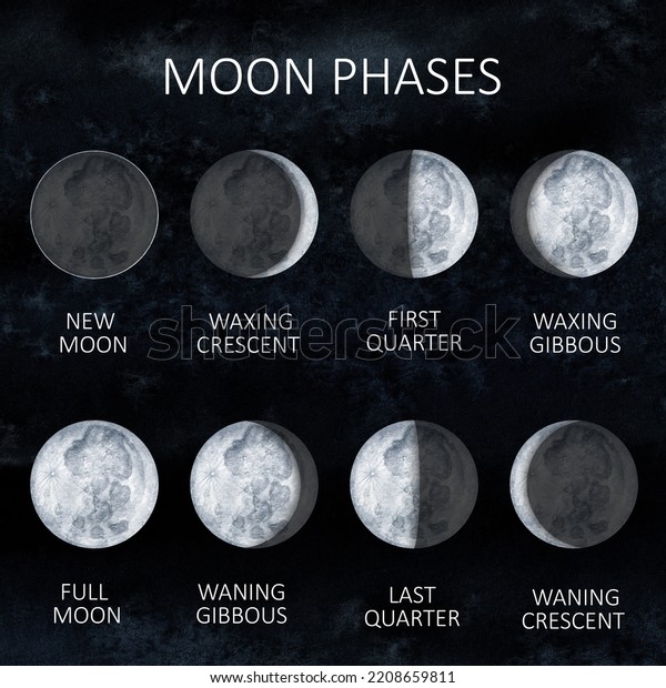 Moon Phases On Sky Dark Background Stock Illustration 2208659811 ...