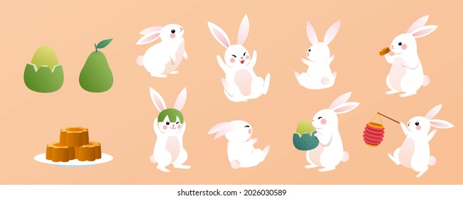 Moon Rabbits And Holiday Foods. Flat Illustrations Of Cute Jade Rabbits Of Chinese Legend With Traditional Desserts For Mooncake Festival