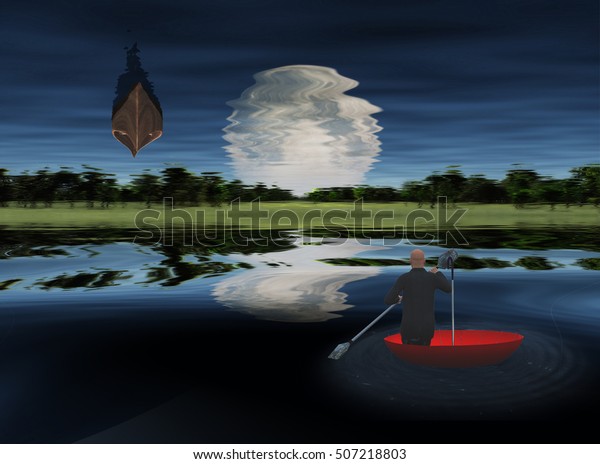 Moon rise over Lake.\
Man floating in red umbrella.   3D Render  Some elements provided\
courtesy of NASA\
