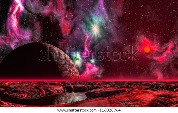 moon rise\
over a red rocky planet\'s alien\
landscape