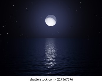 Moon rising over ocean with reflection on water