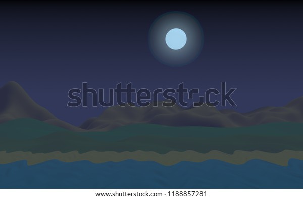 Moon Sea Beach. Midnight. Ocean shore line\
with waves on a beach. Island beach paradise with waves. Vacation,\
summer, relaxation. Seascape, seashore. Minimalist landscape,\
primitivism. 3D\
illustration